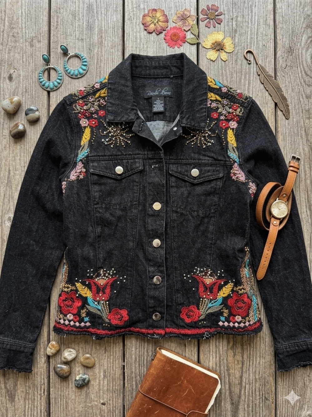 Boho Embroidered & Beaded Black Denim Jacket